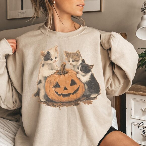 Vintage 90s Cat Halloween Sweatshirt, Spooky Season Pumpkin Cat Lover Black Cat - Picture 1 of 5